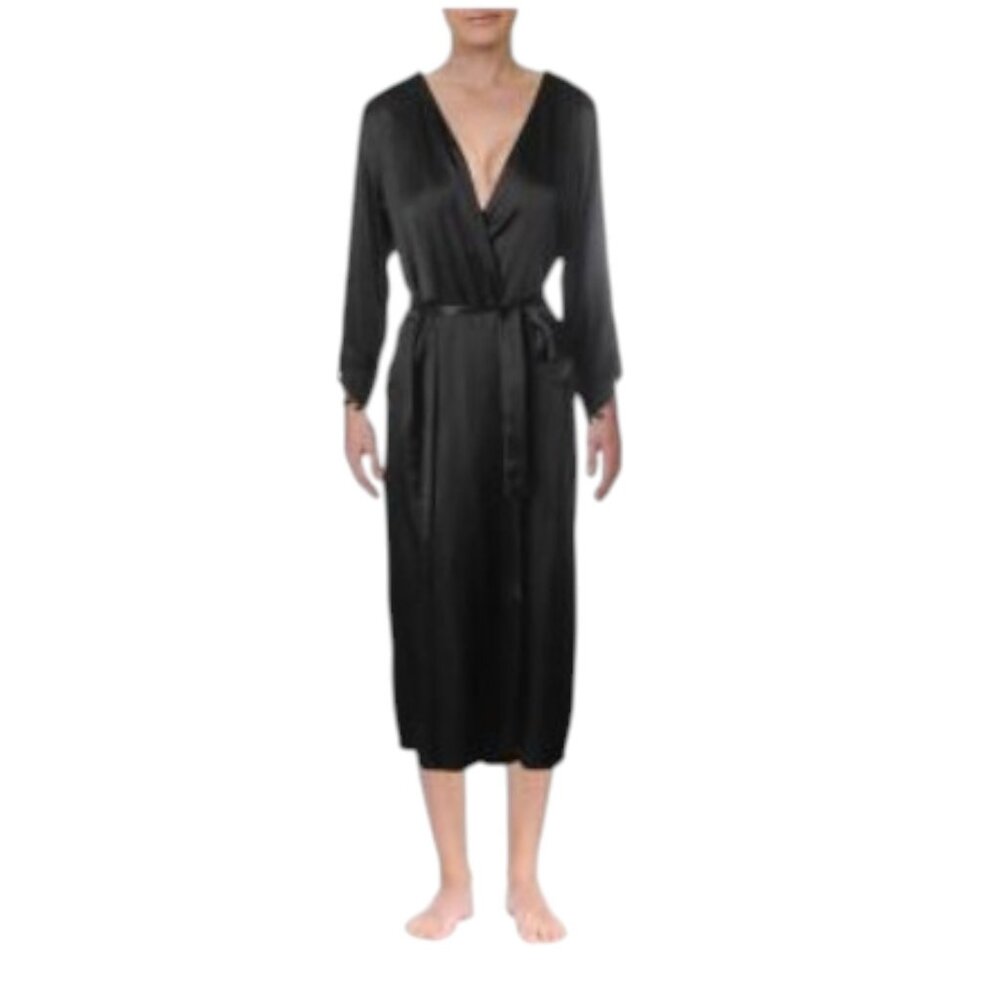 Flora by Flora Nikrooz Stella Long Satin Robe, Size: Small/Medium, Black
